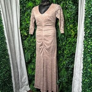 Marina Dress Size 12 Women Tan Floral Lace Ruched V-Neck Mermaid Maxi Gown 3809